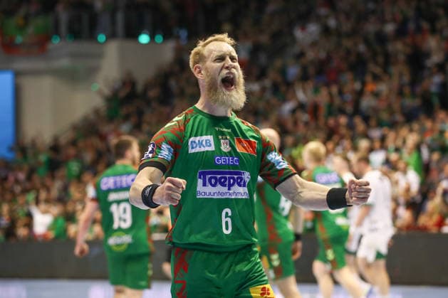 28 03 2026, xtgx, Handball, Daikin HBL, SC Magdeburg Füchse Berlin v l Matthias Musche Magdeburg, 6 Jubel, Torjubel, jubelt ubelt ueber das Tor, celebrate the goal, celebration Magdeburg