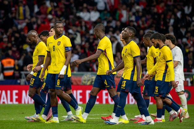 March 27, 2026, Madrid, Spain: Ecuadorian players celebrate a goal during the friendly match between the national football teams of Morocco and Ecuador, played at the Metropolitano Stadium in preparation for the 2026 FIFA World Cup, WM, Weltmeisterschaft, Fussball Final score: Morocco 1 - 1 Ecuador. Madrid Spain - ZUMAs197 20260327_aaa_s197_677 Copyright: xDavidxCanalesx
