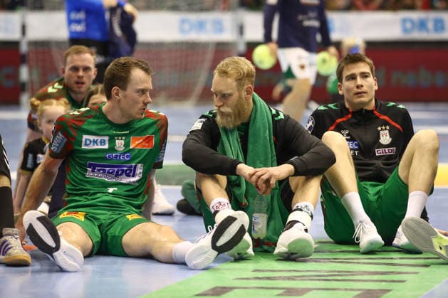 28 03 2026, xtgx, Handball, Daikin HBL, SC Magdeburg Füchse Berlin v l Felix Claar Magdeburg, 7 , Matthias Musche Magdeburg, 6 , Manuel Zehnder Magdeburg, 8 Magdeburg