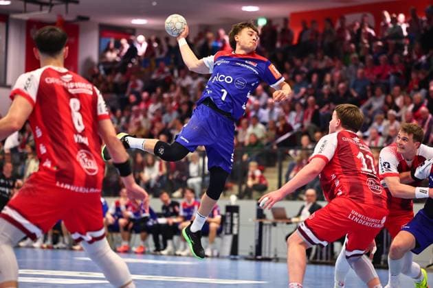 Goal throw by Elias Huber HBW Balingen Weilstetten, 07 GER, TuS Ferndorf vs HBW Balingen Weilstetten, Handball, 2 Bundesliga, 25 Matchday, Season 2025 2026, 28 03 2026 GER, TuS Ferndorf vs HBW Balingen Weilstetten, Handball, 2 Bundesliga, 25 Matchday, Season 2025 2026, 28 03 2026 Kreuztal Copyright: xEibner-Pressefoto RenexWeissx EP_RWS