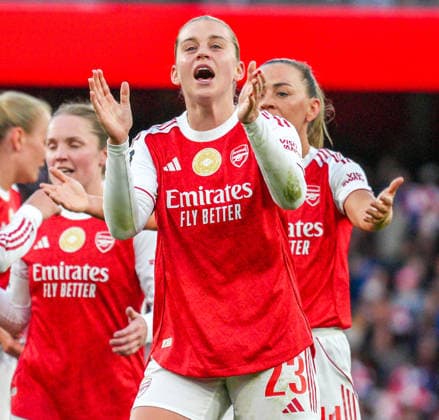 Arsenal Women v Tottenham Hotspur Women Barclays Women s Super League Alessia Russo of Arsenal Women celebrates after scoring her sides third goal and completing her hat-trick during the Barclays Women s Super League match at the Emirates Stadium, London 28 03 2026 UK Newspapers OUT Copyright: xNickxEmmersonx FIL-23194-0034