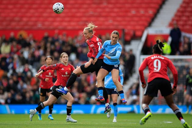 Manchester United, ManU Women v Manchester City Women, Women s Super League Lea Schuller (24) of Manchester United wins the header against Kerstin Casparij (18) of Manchester City during the Women s Super League match between Manchester United Women and Manchester City Women at Old Trafford, Manchester, UK on 28 March 2026. Manchester Old Trafford Greater Manchester UK Editorial use only DataCo restrictions apply See www.football-dataco.com , Copyright: xConorxMolloyx PSI-23962-0101