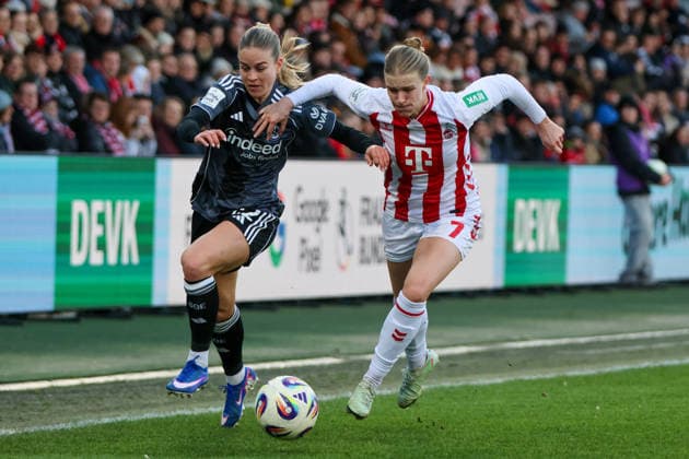 Cologne, Germany 28 March 2026 1 Womens Bundesliga 22 Matchday 1 FC Cologne Women vs Eintracht Frankfurt Women In the picture from left in the duel Nadine Riesen SGE and Anna Lena Stolze FC Cologne Copyright: HMBxMedia MadeleinexFantini