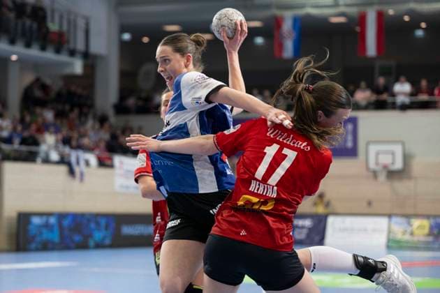 Handball Bundesliga Women,HBF, Season 2025 2026 SV Union Halle Neustadt vs HSG Blomberg Lippe Halle, Germany 28 March 2026 In the picture from left in duel Andrea Jacobsen Blomberg and Emma Hertha Halle Halle Saale SWH Arena Sachsen Anhalt Germany