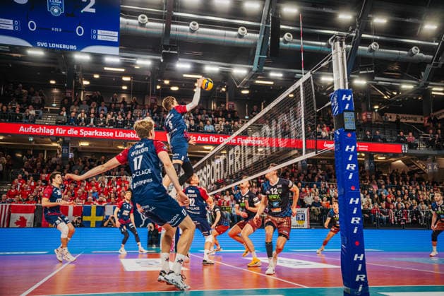 Volleyball Men Season 2025 2026 Volleyball Bundesliga Playoff Quarterfinals SVG Lüneburg vs WWK Volleys Herrsching 28 03 2026 Jackson Howe 6 SVG Lüneburg attacks