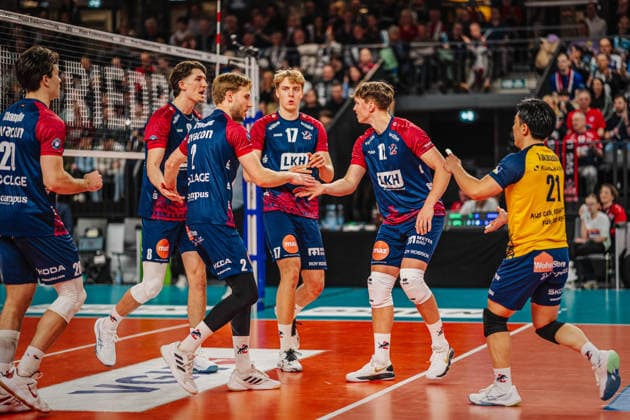 Volleyball mens season 2025 2026 Volleyball Bundesliga play-off quarter-final SVG Lüneburg vs WWK Volleys Herrsching 28 03 2026 The SVG Lüneburg team celebrates