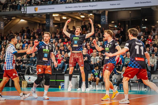 Volleyball Men Season 2025 2026 Volleyball Bundesliga Playoff Quarterfinals SVG Lüneburg vs WWK Volleys Herrsching 28 03 2026 The WWK Volleys Herrsching are happy about the point won