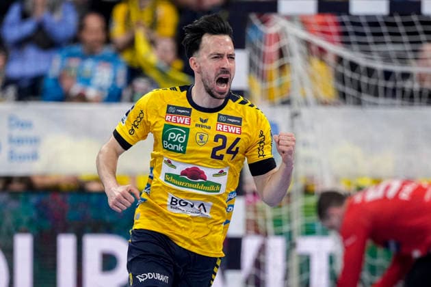 Goalscorer Patrick Groetzki RNL, 24 , Rhein Neckar Löwen player, celebrates a goal, jubilation, cheering, goal celebration, celebrate the goal, goal, celebration, cheers about the goal, rejoicing, joy, rejoices, optimistic, positive, game scene, highlight, single picture, single photo, action, action, 28 03 2026, Mannheim Germany , Handball, Bundesliga, Rhein Neckar Löwen HSG Wetzlar xozx