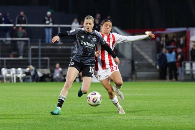28 03 2026, xgrfx, Fußball Google Pixel Frauen Bundesliga, 1 FC Köln Eintracht Frankfurt v l Laura Freigang Eintracht Frankfurt , Laura Feiersinger 1 FC Köln DFL DFB REGULATIONS PROHIBIT ANY USE OF PHOTOGRAPHS as IMAGE SEQUENCES and or QUASI VIDEO Köln