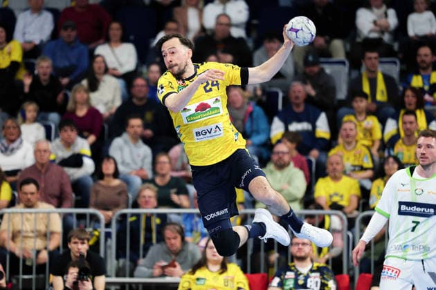 Goal throw by Patrick Groetzki Rhein Neckar Loewen, 24 GER, Rhein Neckar Loewen vs HWG Wetzlar, Handball, 1 Bundesliga, Matchday 26, Season 2025 2026, 28 03 2026 GER, Rhein Neckar Loewen vs HWG Wetzlar, 1 Bundesliga, Matchday 26, Season 2025 2026, 28 03 2026 Mannheim Copyright: xEibner-Pressefoto JoergxHirschx EP_JHH