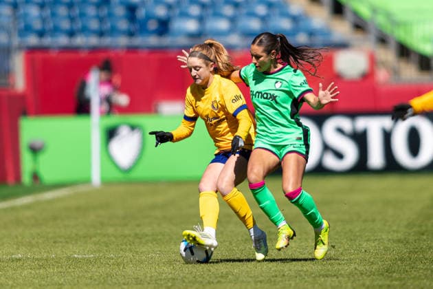 March 28, 2026; Foxborough, Massachusetts, USA; Boston Legacy FC midfielder Barbara Olivieri (21) and Utah Royals FC forward Alexa Spaanstra (30) fight for the ball in a National WomenÃ¢â‚¬â ¢s Soccer League game at Gillette Stadium. (c) CSM - ZUMAc04_ 20260328_zma_c04_075 Copyright: xBurtxGranofskyx
