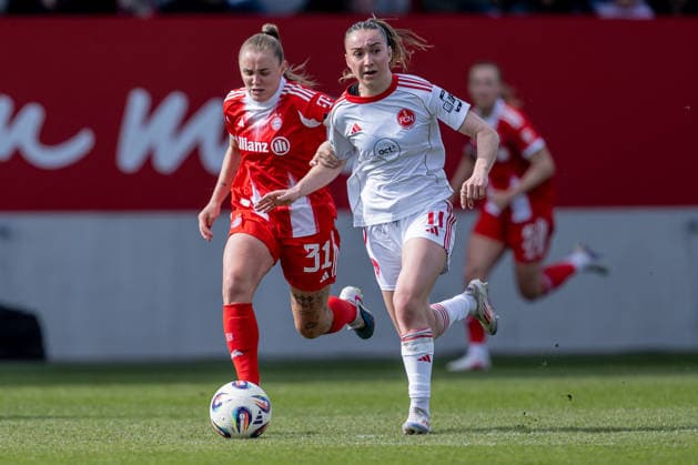Fight for the ball duel between Georgia Stanway FC Bayern Muenchen Frauen, 31 and Lara Meroni 1 FC Nuernberg, 11 GER, FC Bayern Muenchen Frauen vs 1 FC Nuernberg, Soccer, Google Pixel Frauen Bundesliga, 22 Matchday, Season 2025 2026, 28 03 2026 DFL DFB REGULATIONS PROHIBIT ANY USE OF PHOTOGRAPHS as IMAGE SEQUENCES and or QUASI VIDEO GER, FC Bayern Muenchen Frauen vs 1 FC Nuernberg, Football, Google Pixel Frauen Bundesliga, 22 Spieltag, Saison 2025 2026, 28 03 2026 Muenchen Copyright: xEibner-Pressefoto HeikexFeinerx EP_HFR