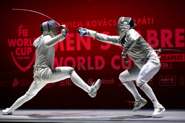 Sport Bilder des Tages Men s Sabre World Cup Finals Matteo Neri of Italy (R) in action against William Morrill of the USA during their Men s Sabre Individual final at the Gerevich-Kovacs-Karpati Sabre World Cup in Budapest, Hungary, 28 March 2026. BUDAPEST Hungary  Copyright: xMartonxKovacsx