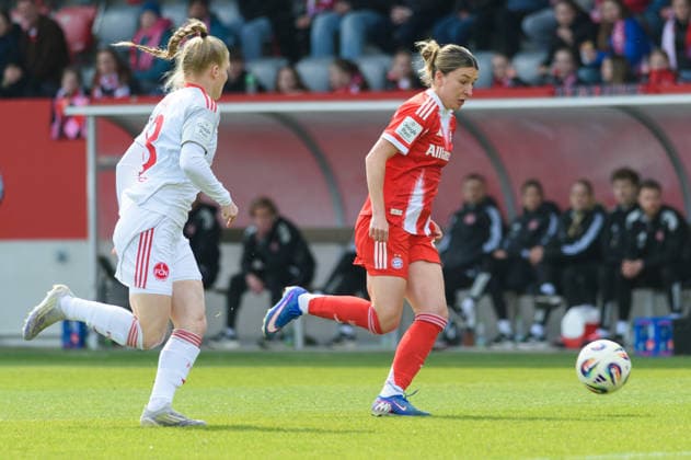 MUNICH, GERMANY - MARCH 28: Babara Dunst (28 FC Bayern Munich) and Franziska Mai (18 1. FC Nuremberg) during the Google Pixel Frauen-Bundesliga match between FC Bayern Munich and 1. FC Nuremberg at FC Bayern Campus Munich, Germany. Copyright: xSvenxBeyrich SPPx Sportspressphoto_SPR120573