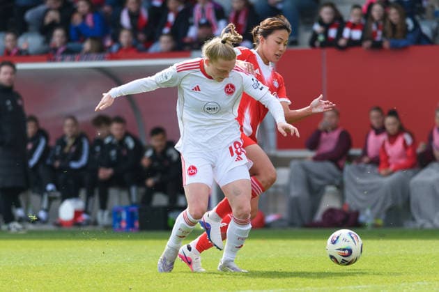 MUNICH, GERMANY - MARCH 28: Franziska Mai (18 1. FC Nuremberg) and Momoko Tanikawa (18 FC Bayern Munich) during the Google Pixel Frauen-Bundesliga match between FC Bayern Munich and 1. FC Nuremberg at FC Bayern Campus Munich, Germany. Copyright: xSvenxBeyrich SPPx Sportspressphoto_SPR120580