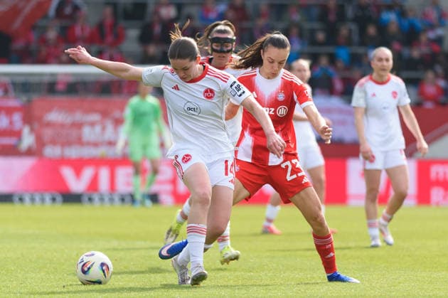 MUNICH, GERMANY - MARCH 28: Natalia Padilla-Bidas (23 FC Bayern Munich) and Marlene Lindner (14 1. FC Nuremberg) during the Google Pixel Frauen-Bundesliga match between FC Bayern Munich and 1. FC Nuremberg at FC Bayern Campus Munich, Germany. Copyright: xSvenxBeyrich SPPx Sportspressphoto_SPR120588