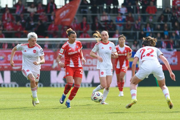MUNICH, GERMANY - MARCH 28: Aneta Polaskova (26 1. FC Nuremberg) and Arianna Caruso (27 FC Bayern Munich) during the Google Pixel Frauen-Bundesliga match between FC Bayern Munich and 1. FC Nuremberg at FC Bayern Campus Munich, Germany. Copyright: xSvenxBeyrich SPPx Sportspressphoto_SPR120592