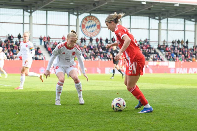 MUNICH, GERMANY - MARCH 28: Babara Dunst (28 FC Bayern Munich) and Franziska Mai (18 1. FC Nuremberg) during the Google Pixel Frauen-Bundesliga match between FC Bayern Munich and 1. FC Nuremberg at FC Bayern Campus Munich, Germany. Copyright: xSvenxBeyrich SPPx Sportspressphoto_SPR120604
