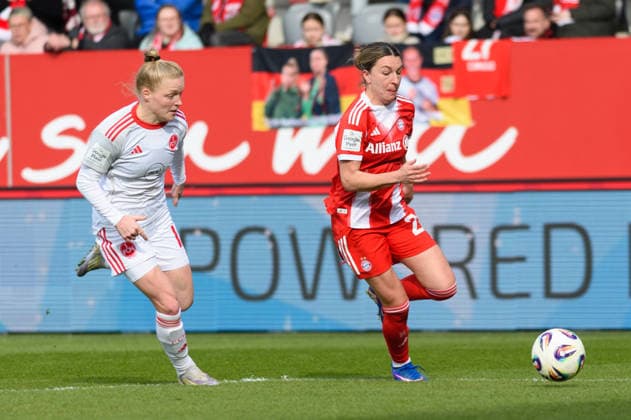 MUNICH, GERMANY - MARCH 28: Babara Dunst (28 FC Bayern Munich) ands Franziska Mai (18 1. FC Nuremberg) during the Google Pixel Frauen-Bundesliga match between FC Bayern Munich and 1. FC Nuremberg at FC Bayern Campus Munich, Germany. Copyright: xSvenxBeyrich SPPx Sportspressphoto_SPR120635