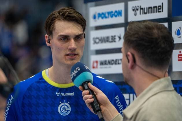 Miro Schluroff in an interview after the match,VfL Gummersbach vs TSV Hannover Burgdorf, Daikin Handball Bundesliga, Men , Matchday 26, 28 03 2026 Gummersbach NRW Germany Copyright: xkolbert-press MartinxWdziecznyx