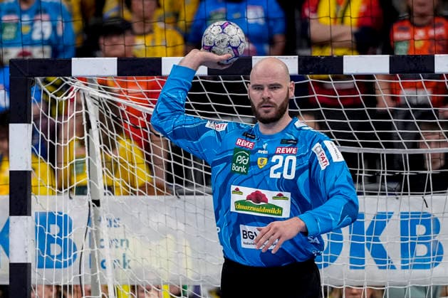 Mike Jensen Goalkeeper, RNL, 20 , on the ball, single picture, single photo, action, action, 28 03 2026, Mannheim Germany , Handball, Bundesliga, Rhein Neckar Löwen HSG Wetzlar xozx