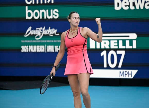 MIAMI GARDENS, FL - MARCH 28: Aryna Sabalenka of Belarus celebrates winning the womenÕs singles final of the Miami Open against Coco Gauff of the United States, on March 28, 2026, at Hard Rock Stadium in Miami Gardens, Florida. (Photo by Michele Eve Sandberg Icon Sportswire) TENNIS: MAR 28 Miami Open EDITORIAL USE ONLY Icon2603280757