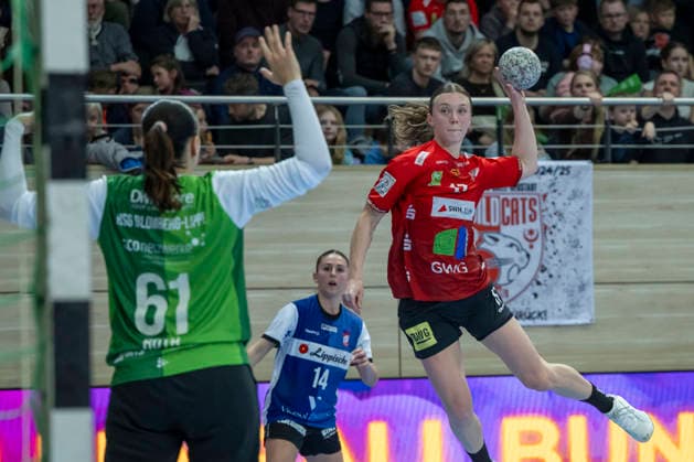 Handball Bundesliga Women,HBF, Season 2025 2026 SV Union Halle Neustadt vs HSG Blomberg Lippe Halle, Germany 28 March 2026 In the picture from left goalkeeper Nicole Roth Blomberg and Emma Hertha Halle Halle Saale SWH Arena Sachsen Anhalt Germany