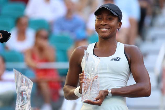 March 28, 2026, Miami Gardens, Florida, USA: COCO GAUFF (USA) holds her trophy and smiles during the trophy ceremony after her women s singles finals match against ARYNA SABALENKA, at the Miami Open at Hard Rock Stadium in Miami Gardens, Florida. ARYNA SABALENKA won the womenâ€⠢s singles title after defeating COCO GAUFF (USA) 6:2, 4:6, 6:3. Tennis 2026: Miami Open Womenâ€⠢S Singles Finals: Sablenka 6:2, 4:6, 6:3 Gauff - ZUMAv151 20260328_zsp_v151_045 Copyright: xLorenzoxVasquezx