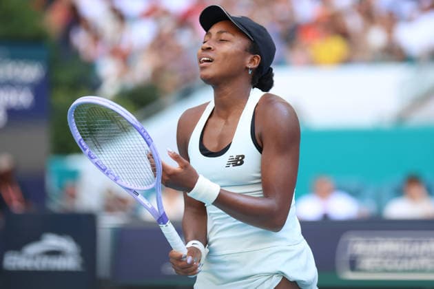 March 28, 2026, Miami Gardens, Florida, USA: COCO GAUFF (USA) reacts during her women s singles finals match against ARYNA SABALENKA, at the Miami Open at Hard Rock Stadium in Miami Gardens, Florida. ARYNA SABALENKA won the womenâ€⠢s singles title after defeating COCO GAUFF (USA) 6:2, 4:6, 6:3. Tennis 2026: Miami Open Womenâ€⠢S Singles Finals: Sablenka 6:2, 4:6, 6:3 Gauff - ZUMAv151 20260328_zsp_v151_028 Copyright: xLorenzoxVasquezx