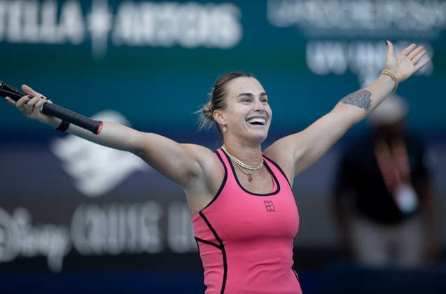 March 28, 2026, Miami Gardens, Fl, United States: MIAMI GARDENS, FL - MARCH 28: Aryna Sabalenka celebrates after winning the match against Coco Gauff during the Miami Open at Hard Rock Stadium on March 28, 2026 in Miami Gardens, Florida. Miami Open  - ZUMAt139 20260328_aaa_t139_022 Copyright: xMichaelxPimentel IsixPhotosx