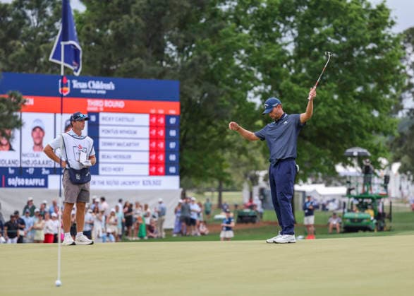 HOUSTON, TX - MARCH 28: Nicolai Hojgaard (DEN) reacts as his putt fails to go in the hole on 18 green during the third round of the Texas Children s Houston Open on March 28, 2026, at Memorial Park Golf Course, Houston, Texas. (Photo by Leslie Plaza Johnson Icon Sportswire) GOLF: MAR 28 PGA, Golf Herren Texas Children s Houston Open EDITORIAL USE ONLY Icon2603281443