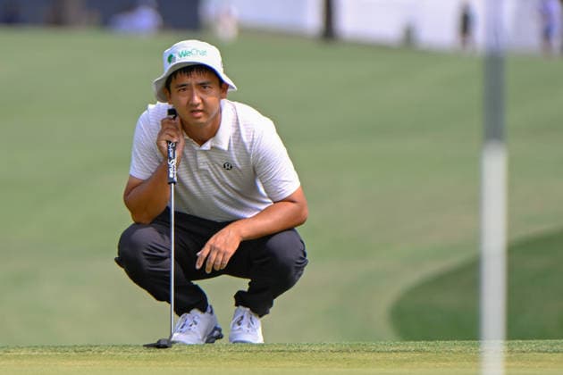 HOUSTON, TX - MARCH 28: Zecheng Dou (CHN) looks over his birdie putt on 1 during the third round of the Texas Children s Houston Open on March 28, 2026, at Memorial Park Golf Course, Houston, Texas. (Photo by Ken Murray Icon Sportswire) GOLF: MAR 28 PGA, Golf Herren Texas Children s Houston Open EDITORIAL USE ONLY Icon2603280183