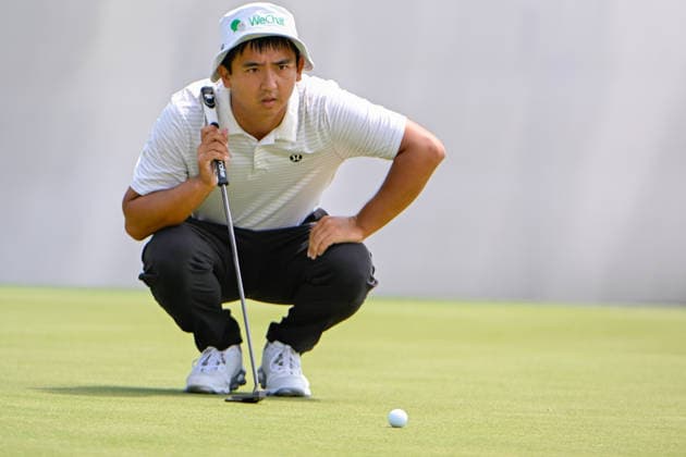 HOUSTON, TX - MARCH 28: Zecheng Dou (CHN) looks over his par putt on 9 during the third round of the Texas Children s Houston Open on March 28, 2026, at Memorial Park Golf Course, Houston, Texas. (Photo by Ken Murray Icon Sportswire) GOLF: MAR 28 PGA, Golf Herren Texas Children s Houston Open EDITORIAL USE ONLY Icon2603280333