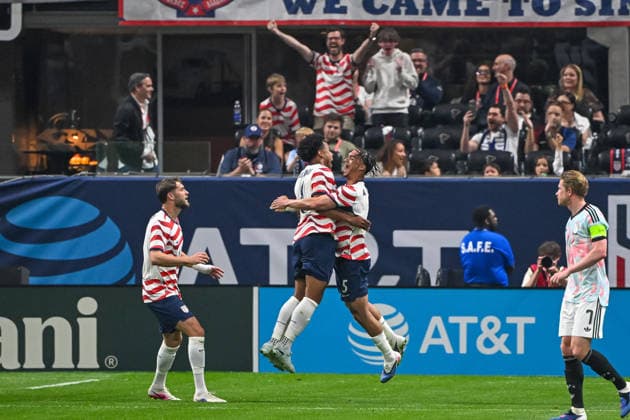 ATLANTA, GA - MARCH 28: United States Midfielder Weston McKennie (8) and defender Antonee Robinson (5) celebrate a McKennie goal during the International Friendly, LÃ¤nderspiel, Nationalmannschaft match between Belgium and the United States soccer teams on March 28, 2026, at Mercedes-Benz Stadium in Atlanta, GA. (Photo by John Adams Icon Sportswire) SOCCER: MAR 28 USA vs Belgium EDITORIAL USE ONLY Icon26032800145