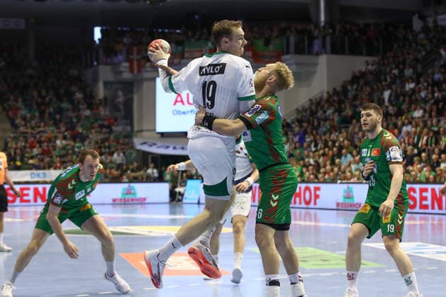 28 03 2026, xtgx, Handball, Daikin HBL, SC Magdeburg Füchse Berlin v l Mathias Gidsel Berlin, 19 , Matthias Musche Magdeburg, 6 duel, duel, fight, tackle Magdeburg