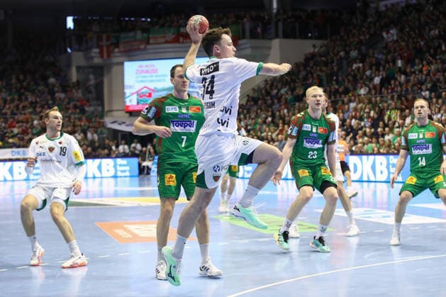 28 03 2026, xtgx, Handball, Daikin HBL, SC Magdeburg Füchse Berlin v l Hakun West av Teigum Berlin, 34 throws goal, Torschuetze, erzielt Tor, Treffer, scores the goal Magdeburg
