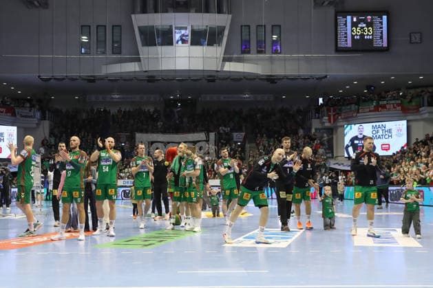 28 03 2026, xtgx, Handball, Daikin HBL, SC Magdeburg Füchse Berlin v l Magdeburg Cheering about the victory, cheering after the end of the game Magdeburg