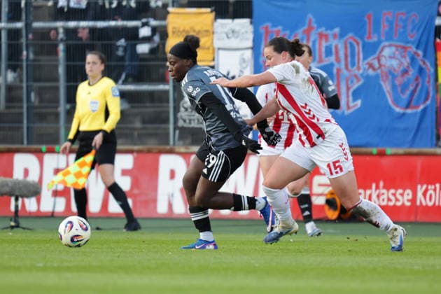 28 03 2026, xgrfx, Fußball Google Pixel Frauen Bundesliga, 1 FC Köln Eintracht Frankfurt v l Nicole Anyomi Eintracht Frankfurt , Amelie Bohnen 1 FC Köln DFL DFB REGULATIONS PROHIBIT ANY USE OF PHOTOGRAPHS as IMAGE SEQUENCES and or QUASI VIDEO Köln