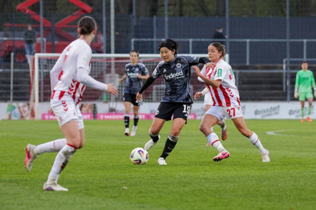 28 03 2026, xgrfx, Soccer Google Pixel Women Bundesliga, 1 FC Köln Eintracht Frankfurt v l Remina Chiba Eintracht Frankfurt , Laura Donhauser 1 FC Köln DFL DFB REGULATIONS PROHIBIT ANY USE OF PHOTOGRAPHS as IMAGE SEQUENCES and or QUASI VIDEO Köln