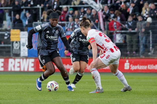 28 03 2026, xgrfx, Fußball Google Pixel Frauen Bundesliga, 1 FC Köln Eintracht Frankfurt v l Nicole Anyomi Eintracht Frankfurt , Marina Hegering 1 FC Köln DFL DFB REGULATIONS PROHIBIT ANY USE OF PHOTOGRAPHS as IMAGE SEQUENCES and or QUASI VIDEO Köln