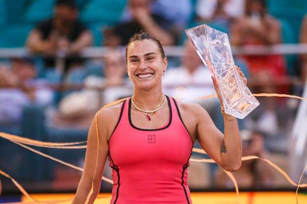Miami Open Presented by Itau 2026 - March 27 Miami, Florida - March 27: Aryna Sabalenka celebrates with trophy after winning the Women™s Singles Final during the Women™s Singles Final match between Aryna Sabalenka and Coco Gauff of USA on day 12 of the Miami Open at Hard Rock Stadium on March 27, 2026 in Miami, Florida, United States. Copyright: xLatinxSportxImagesx