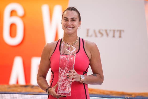 Miami Open Presented by Itau 2026 - March 27 Miami, Florida - March 27: Aryna Sabalenka celebrates with trophy after winning the Women™s Singles Final during the Women™s Singles Final match between Aryna Sabalenka and Coco Gauff of USA on day 12 of the Miami Open at Hard Rock Stadium on March 27, 2026 in Miami, Florida, United States. Copyright: xLatinxSportxImagesx
