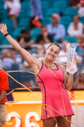 Miami Open Presented by Itau 2026 - March 27 Miami, Florida - March 27: Aryna Sabalenka celebrates with trophy after winning the Women™s Singles Final during the Women™s Singles Final match between Aryna Sabalenka and Coco Gauff of USA on day 12 of the Miami Open at Hard Rock Stadium on March 27, 2026 in Miami, Florida, United States. Copyright: xLatinxSportxImagesx