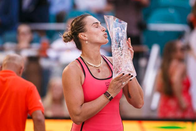 Miami Open Presented by Itau 2026 - March 27 Miami, Florida - March 27: Aryna Sabalenka celebrates with trophy after winning the Women™s Singles Final during the Women™s Singles Final match between Aryna Sabalenka and Coco Gauff of USA on day 12 of the Miami Open at Hard Rock Stadium on March 27, 2026 in Miami, Florida, United States. Copyright: xLatinxSportxImagesx