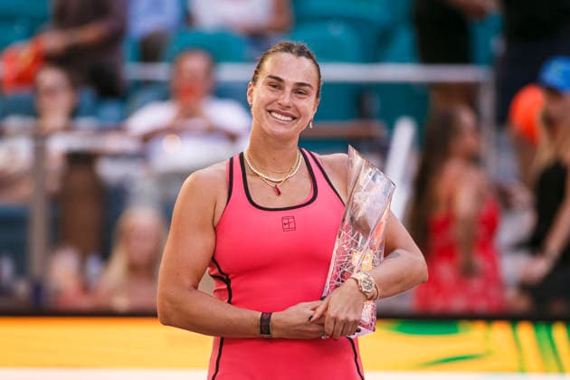 Miami Open Presented by Itau 2026 - March 27 Miami, Florida - March 27: Aryna Sabalenka celebrates with trophy after winning the Women™s Singles Final during the Women™s Singles Final match between Aryna Sabalenka and Coco Gauff of USA on day 12 of the Miami Open at Hard Rock Stadium on March 27, 2026 in Miami, Florida, United States. Copyright: xLatinxSportxImagesx