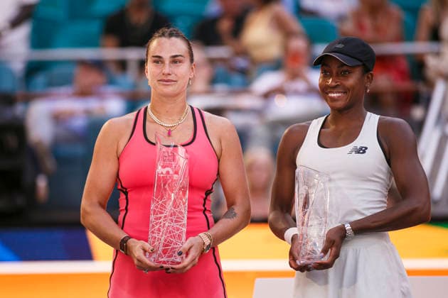 Miami Open Presented by Itau 2026 - March 27 Miami, Florida - March 27: Aryna Sabalenka celebrates with trophy after winning the Women™s Singles Final during the Women™s Singles Final match between Aryna Sabalenka and Coco Gauff of USA on day 12 of the Miami Open at Hard Rock Stadium on March 27, 2026 in Miami, Florida, United States. Copyright: xLatinxSportxImagesx