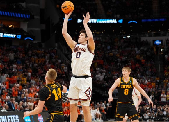March 28, 2026, Houston, Texas, USA: Illinois forward DAVID MIRKOVIC (0) shoots the ball during the NCAA, College League, USA MenÃ¢â‚¬â ¢s Basketball Tournament Elite Eight game between the Illinois Fighting Illini and the Iowa Hawkeyes on March 28, 2026 in Houston, Texas. Illinois won, 71-59. NCAA Basketball 2026: Illinois 71:59 Iowa  - ZUMAc201 20260328_zap_c201_041 Copyright: xScottxColemanx