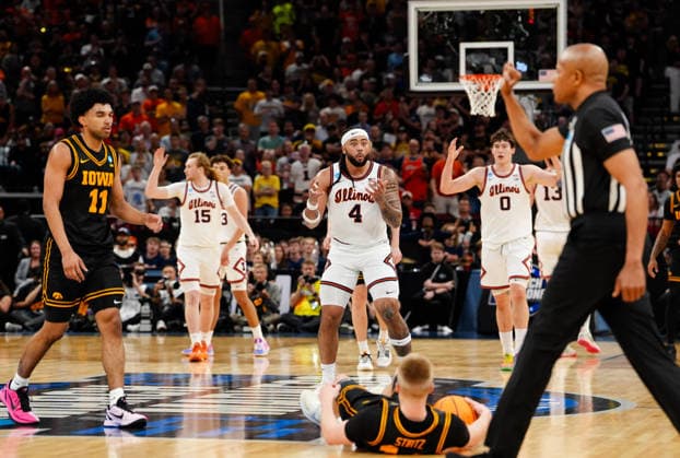 March 28, 2026, Houston, Texas, USA: Illinois guard KYLAN BOSWELL (4) reacts after being called for a foul against Iowa guard BENNETT STIRTZ (14) during the NCAA, College League, USA MenÃ¢â‚¬â ¢s Basketball Tournament Elite Eight game between the Illinois Fighting Illini and the Iowa Hawkeyes on March 28, 2026 in Houston, Texas. Illinois won, 71-59. Houston USA - ZUMAc201 20260328_zap_c201_055 Copyright: xScottxColemanx