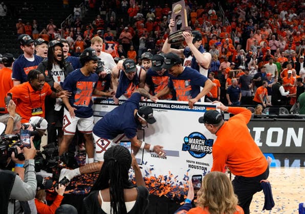 March 28, 2026, Houston, Texas, USA: Illinois guard KYLAN BOSWELL (4) marks the teamÃ¢â‚¬â ¢s spot in the Final Four after the NCAA, College League, USA MenÃ¢â‚¬â ¢s Basketball Tournament Elite Eight game between the Illinois Fighting Illini and the Iowa Hawkeyes on March 28, 2026 in Houston, Texas. Illinois won, 71-59. Houston USA - ZUMAc201 20260328_zap_c201_056 Copyright: xScottxColemanx