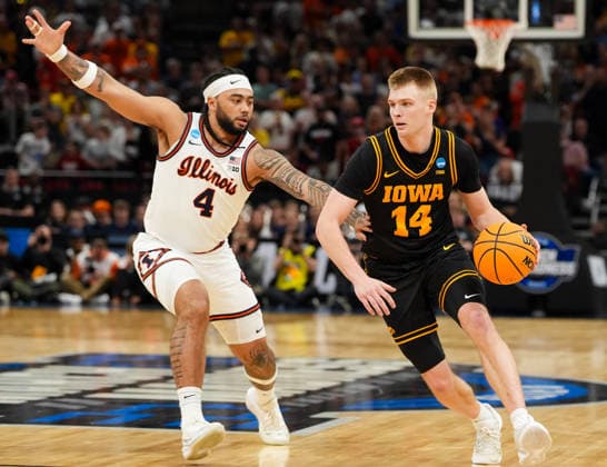 March 28, 2026, Houston, Texas, USA: Iowa guard BENNETT STIRTZ (14) moves the ball against Illinois guard KYLAN BOSWELL (4) during the NCAA, College League, USA MenÃ¢â‚¬â ¢s Basketball Tournament Elite Eight game between the Illinois Fighting Illini and the Iowa Hawkeyes on March 28, 2026 in Houston, Texas. Illinois won, 71-59. Houston USA - ZUMAc201 20260328_zap_c201_075 Copyright: xScottxColemanx